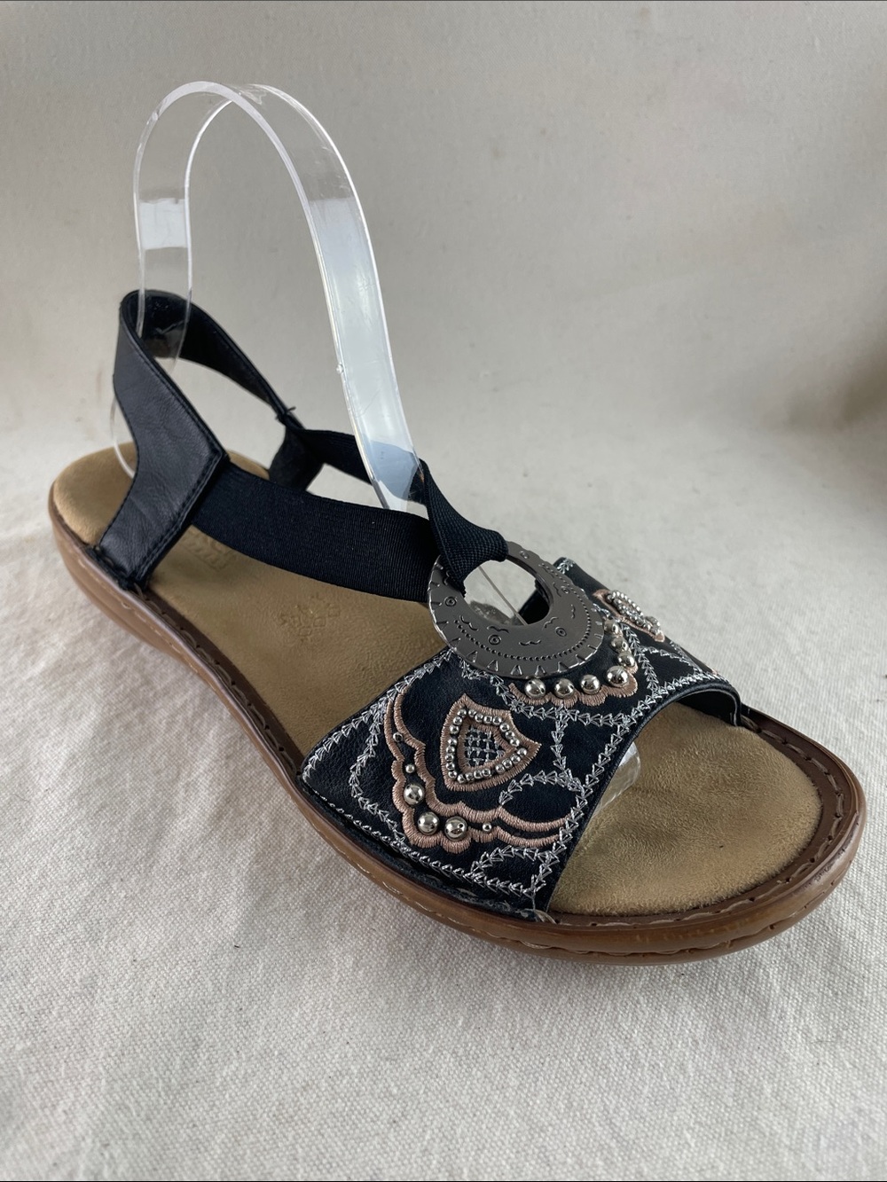 Rieker Black Embellished Slingback Sandal Size 8.5 (39)